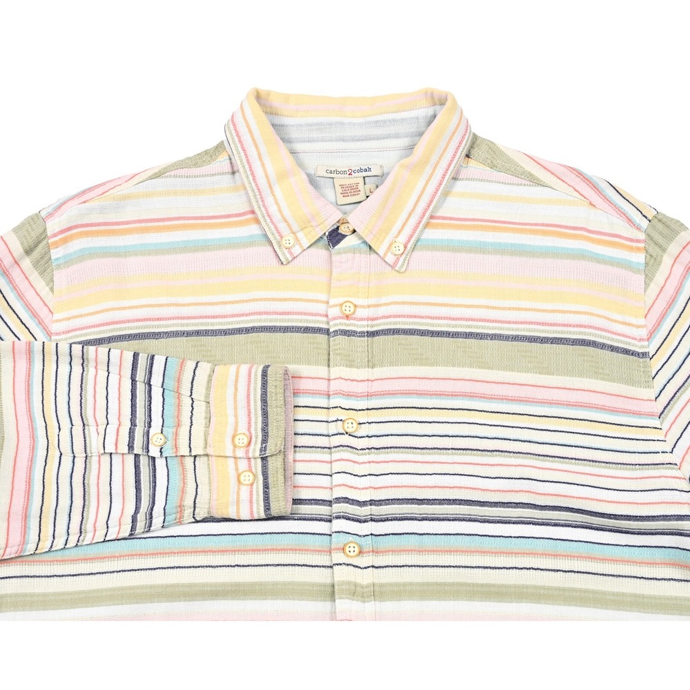 Carbon 2 Cobalt Shirt Mens Large Striped Long Sleeve Two Ply Cotton Beach Casual